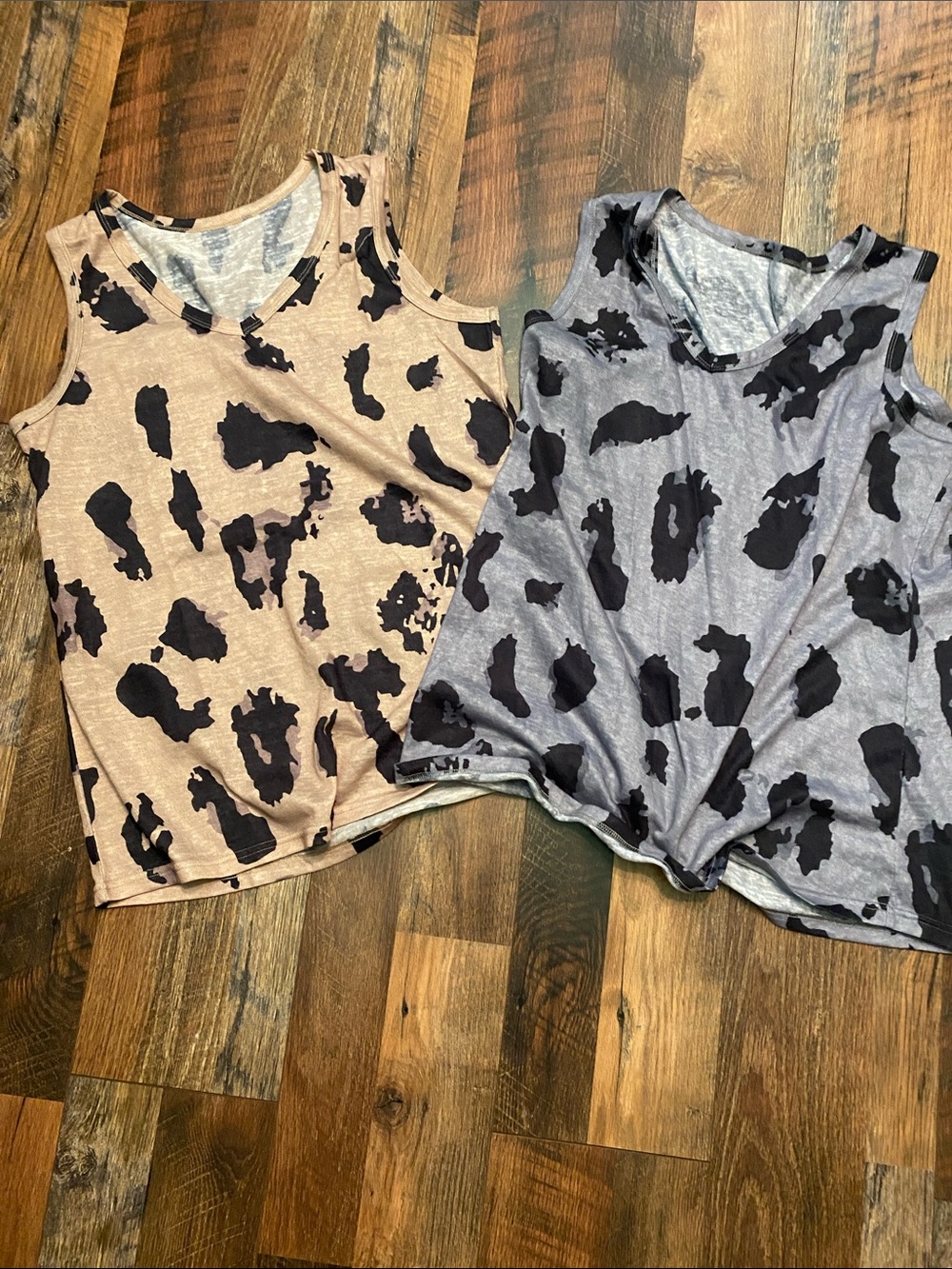 Women's Cow-Print Cold-Shoulder Tank Top - Black on Tan & Black on Gray